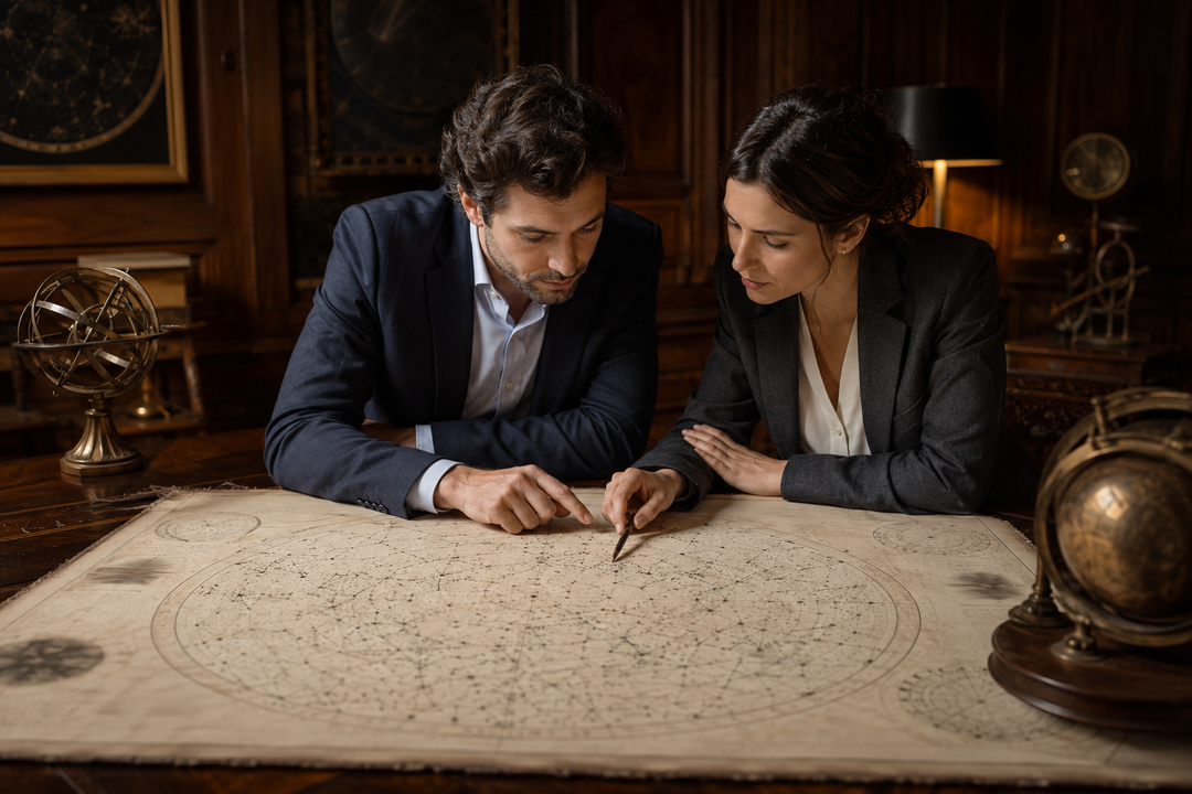 Deux consultants étudiant une grande carte céleste sur table en bois, lampe chaude