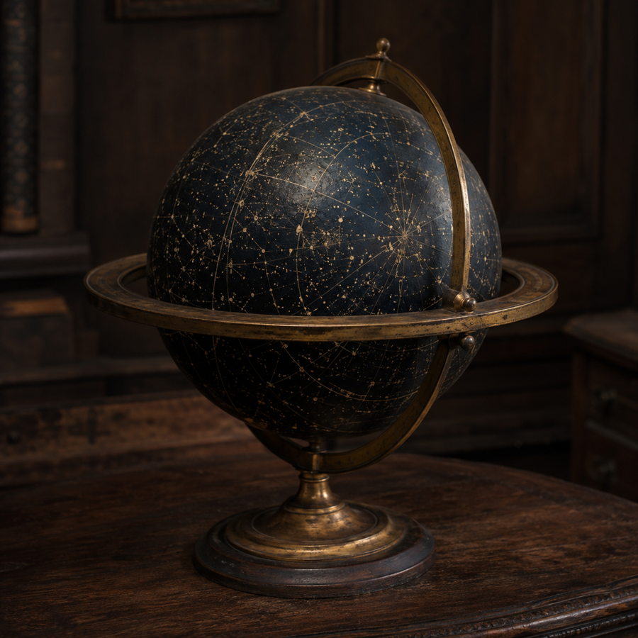 Globe céleste ancien à anneau méridien en laiton sur bois sombre